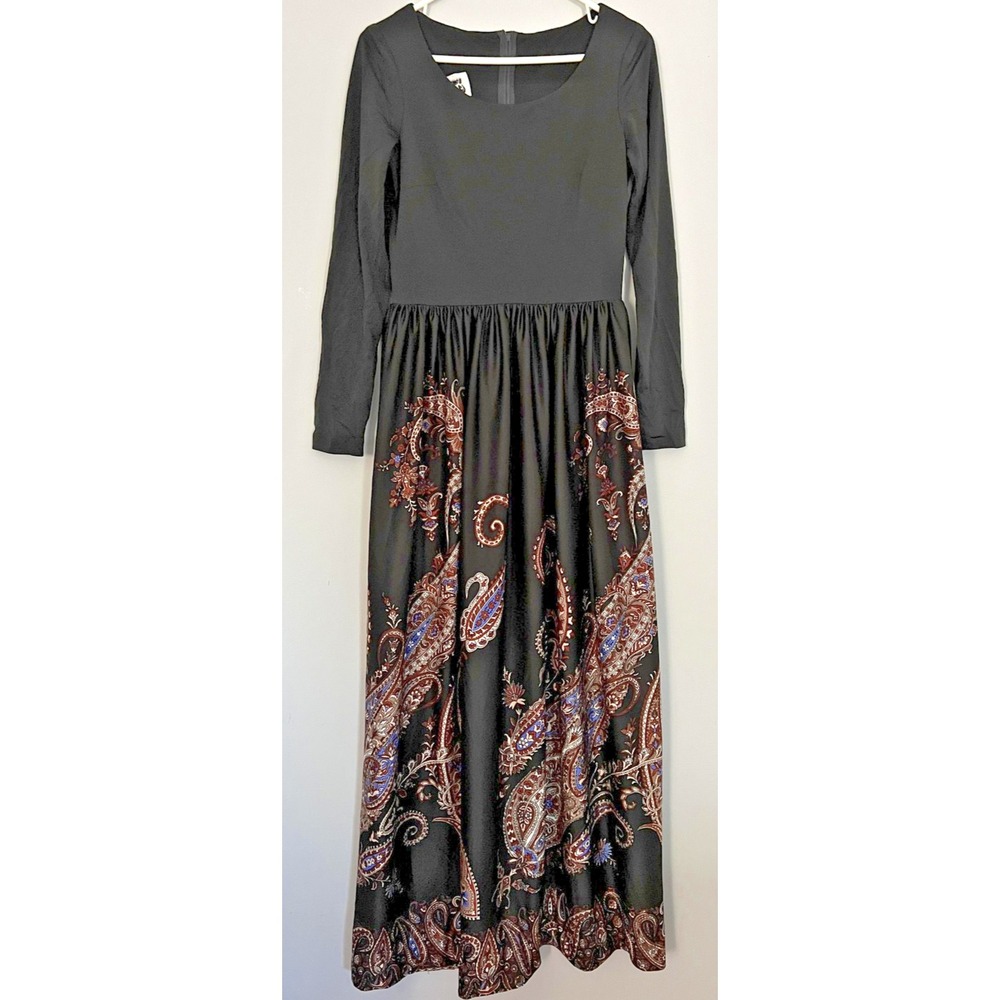 VINTAGE Miss Elliette Dress Womens 12 Black Paisley Maxi Long Sleeve Boho 70s